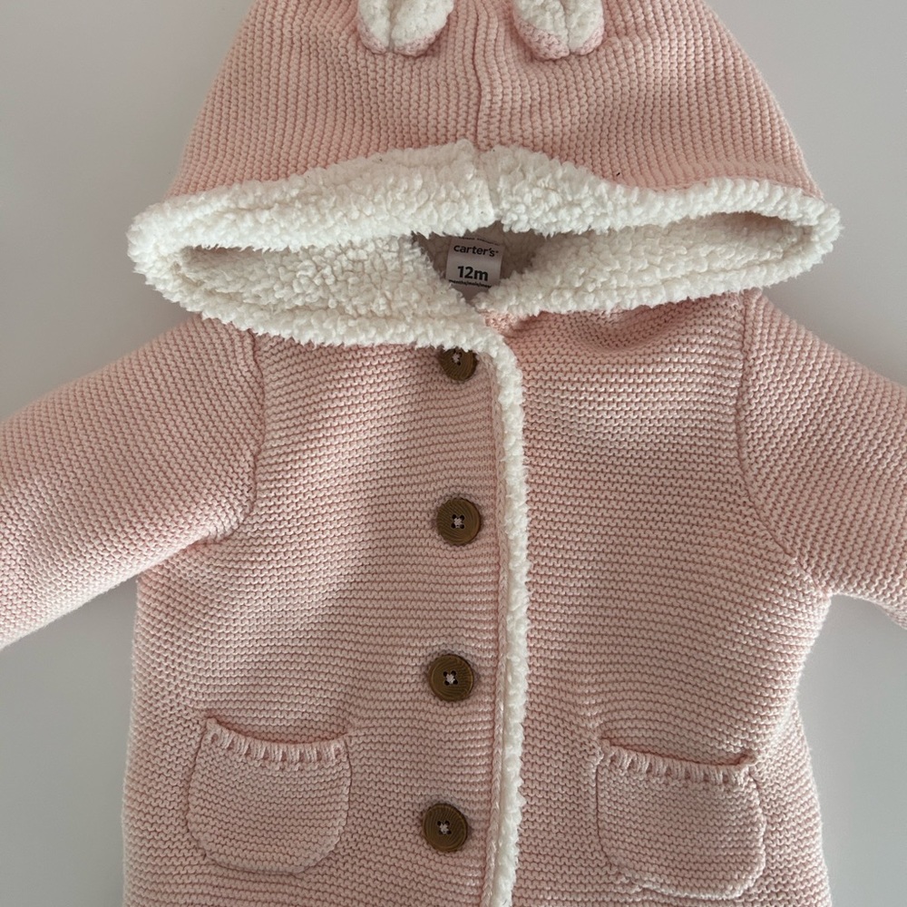 6 month old Carter’s pink crochet and Sherpa lined coat